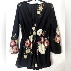 Audrey 3+1 Black Floral Bell Sleeve Plunge Boho One Piece Shorts Romper Jumpsuit